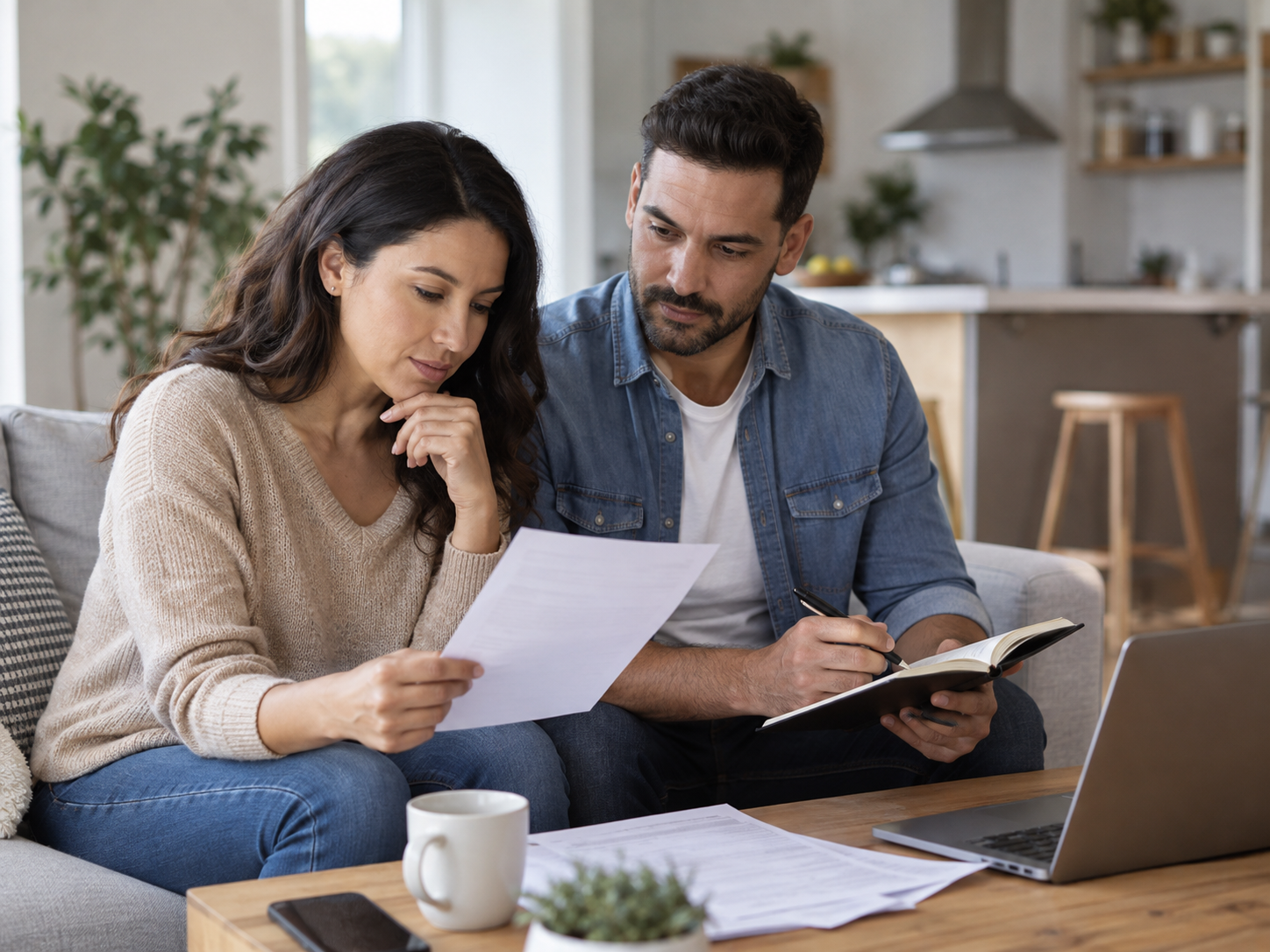 Couple reviewing paperwork at home